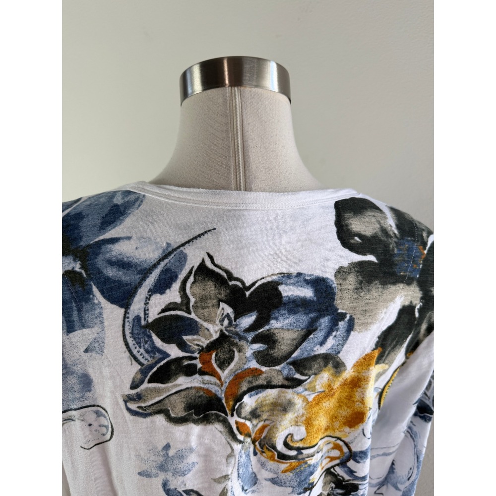 Chicos Women Large White Floral Paisley Slub Knit Scoop Neck Smocked Cuff Top - Picture 10 of 10